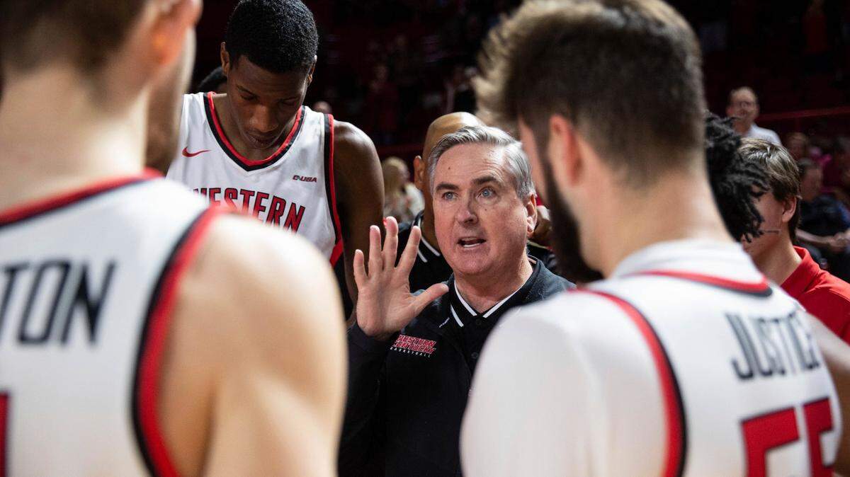Western Kentucky Coach Rick Stansbury (center) will lead the Hilltoppers against the Kentucky Wildcats Wednesday night in Rupp Arena. It will be the first men’s basketball meeting between UK and WKU since the 2012 NCAA Tournament.