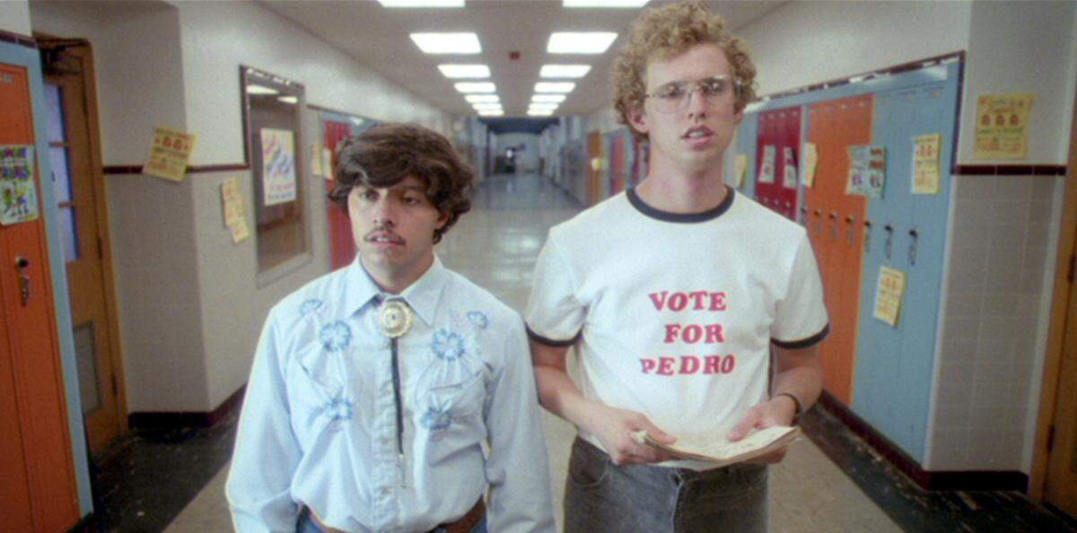 Jon Heder, right, and Efren Ramirez stared in “Napoleon Dynamite.” The 2004 movie has become a cult film and the stars are on tour celebrating its 20th anniversary.