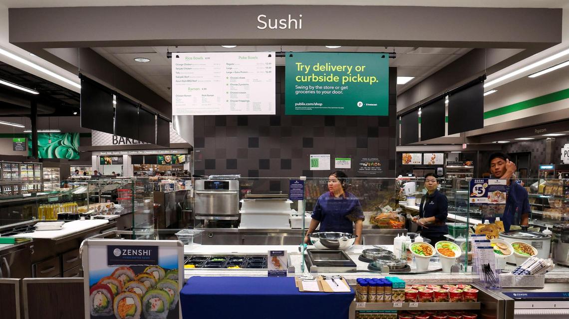 A sushi bar is part of the many deli options inside the new Publix grocery store, Tuesday, June 3, 2025 at 3855 Fountainblue Lane in the Fountains of Palomar shopping center at the intersection of Harrodsburg Road and Man o’ War Boulevard in Lexington, Ky. The deli area also includes a soup bar, a hot bar and salad bar as well as grab-and-go pre-packaged options.