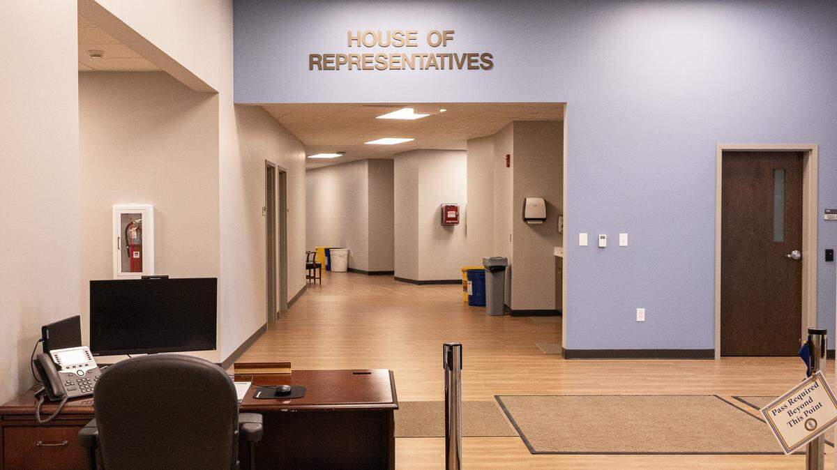 House of Representatives entry way in the Kentucky General Assembly’s temporary chambers, constructed near the Capitol Annex due to Capitol renovations on January 9, 2026, in Frankfort, Ky.