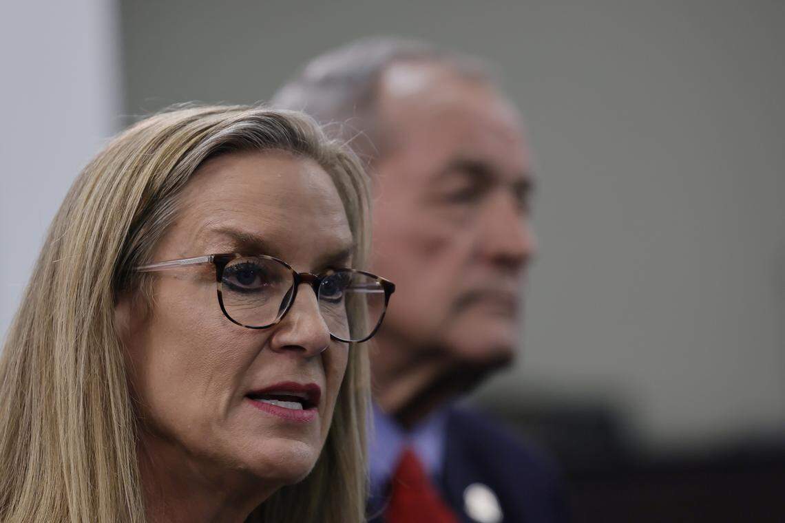 Rep. Susan Witten, R-Louisville, answers questions during a press conference Thursday, Feb. 12, 2026, in Frankfort, Ky., on her legislation that seeks to modernize Kentucky’s building, planning and zoning statutes.
