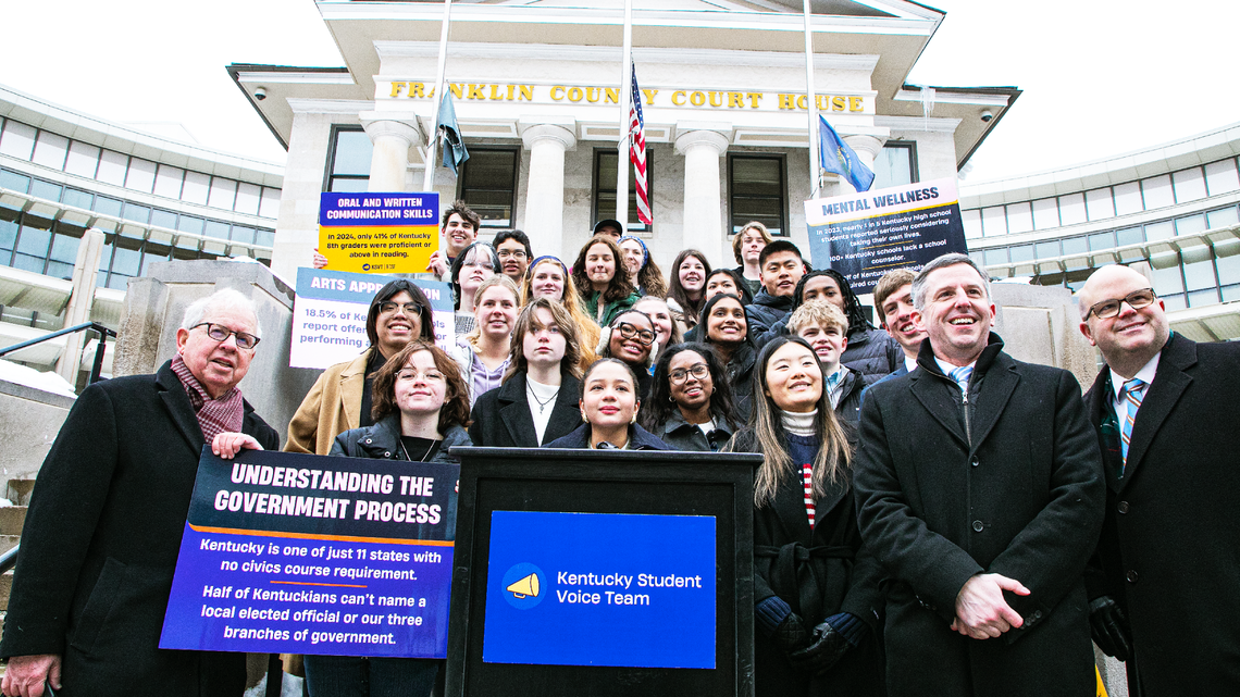 Kentucky Student Voice Team stands with their legal representation on the steps of Franklin County Court House, announcing the filing of a landmark lawsuit against the Commonwealth of Kentucky demanding a quality public education on January 14, 2025, in Frankfort, Ky.