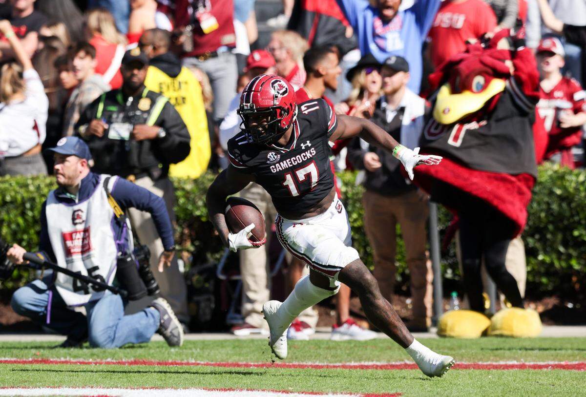 South Carolina super-senior wide receiver Xavier Legette (17) has caught 59 passes for 1,093 yards and five touchdowns and is averaging 109.3 receiving yards a game