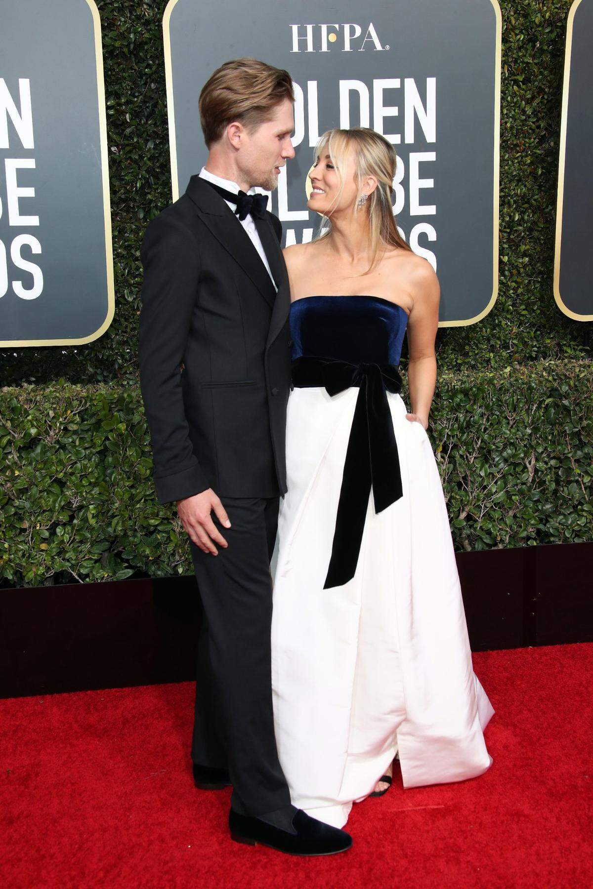 Jan 6, 2019; Beverly Hills, CA, USA; Karl Cook, left and Kaley Cuoco arrive at the 76th Golden Globe Awards at the Beverly Hilton. Mandatory Credit: Dan MacMedan-USA TODAY NETWORK