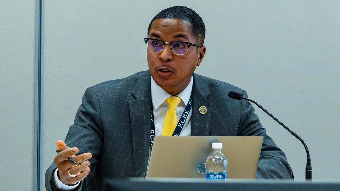 Superintendent Demetrus Liggins in the Fayette County Public Schools (FCPS) board meeting, discussing such topics as student engagement, school safety, and a rise in meal plans on April 16, 2026, in Lexington, Ky.