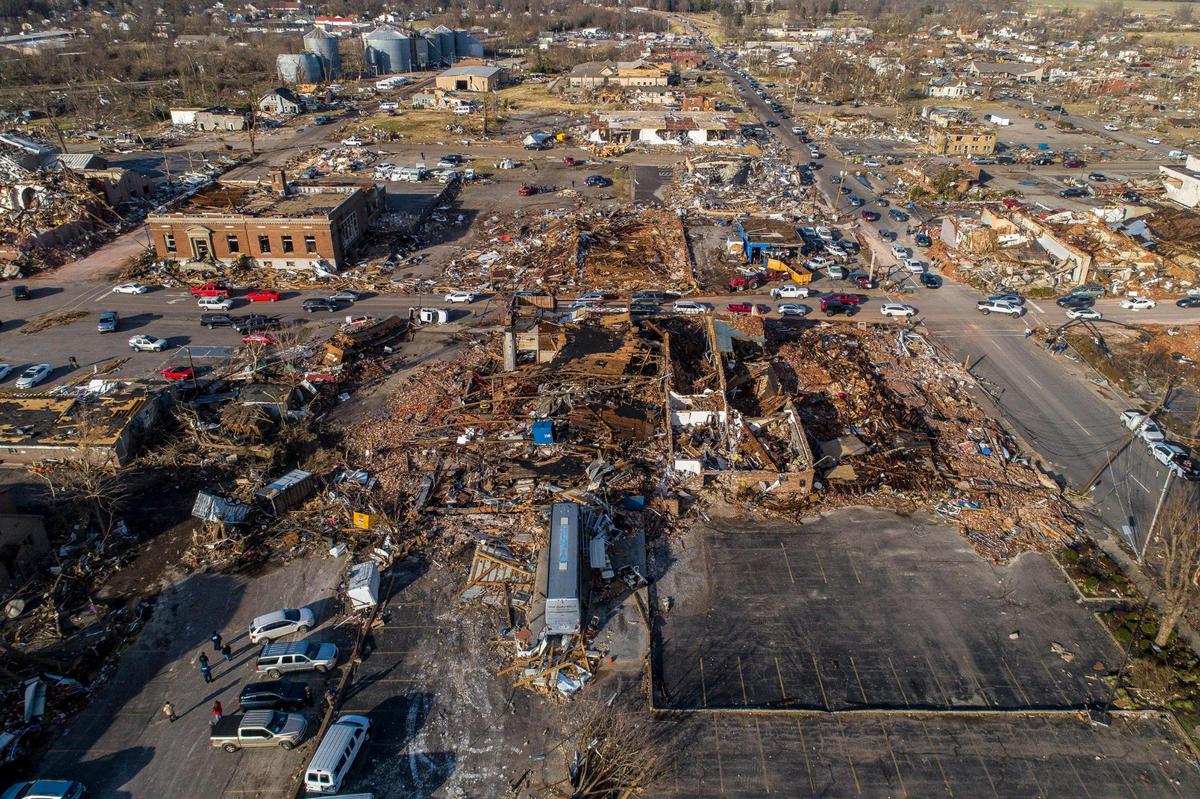 Business and buildings in downtown Mayfield, Ky., are photographed on Saturday, Dec. 11, 2021, a day after a tornado struck the Western Kentucky community.