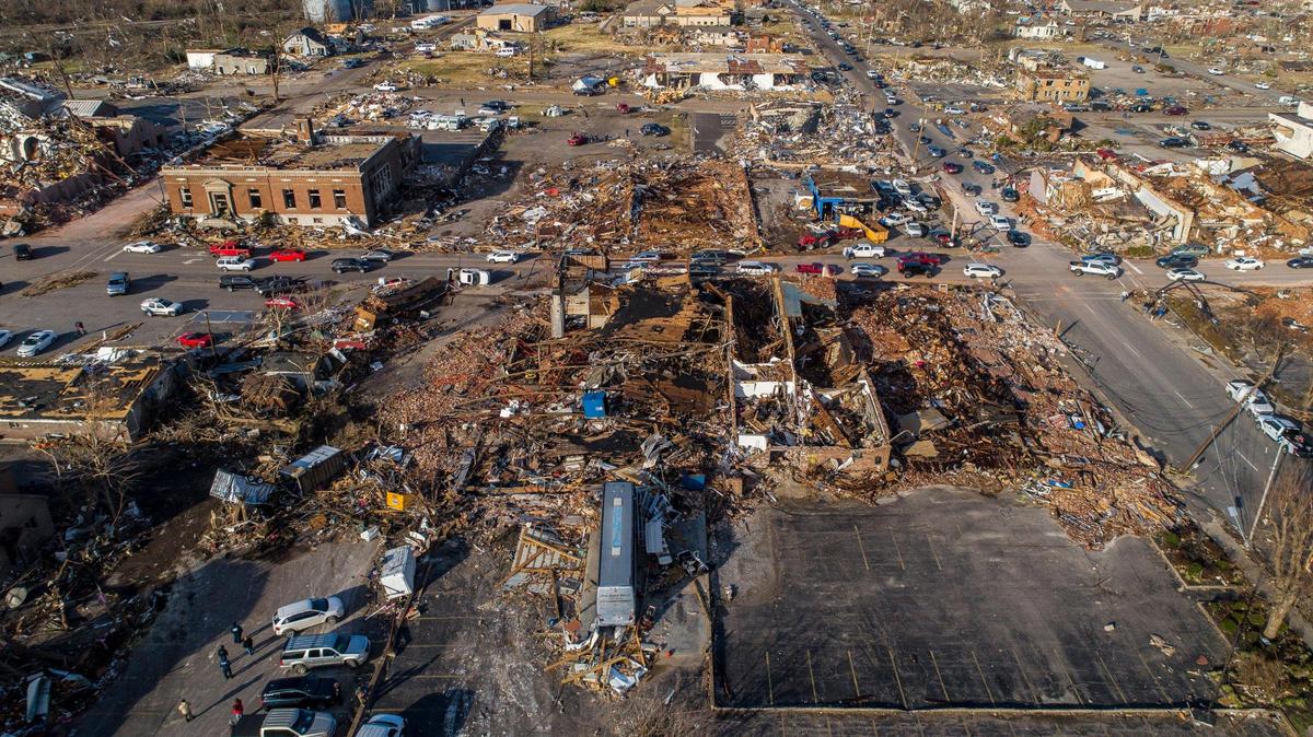 Business and buildings in downtown Mayfield, Ky., are photographed on Saturday, Dec. 11, 2021, a day after a tornado struck the community.