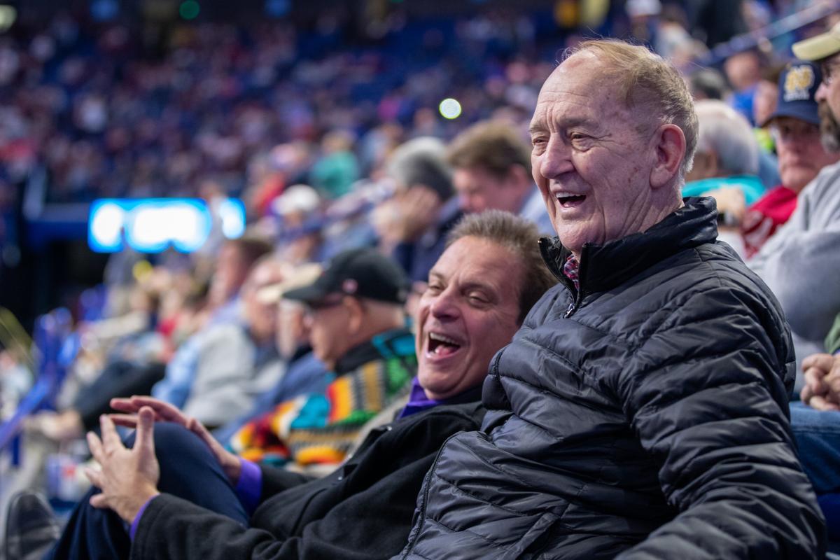Kenny Rice of NBC Sports with his father Reginald Rice in Rupp Arena during the 2019 Kentucky boys’ high school basketball state tournament.