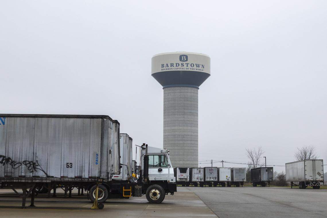 A water tower announcing Bardstown as the bourbon capital of the wold is seen from Bardstown Bourbon Company in Bardstown, Ky., on Wednesday, Nov. 19, 2025.