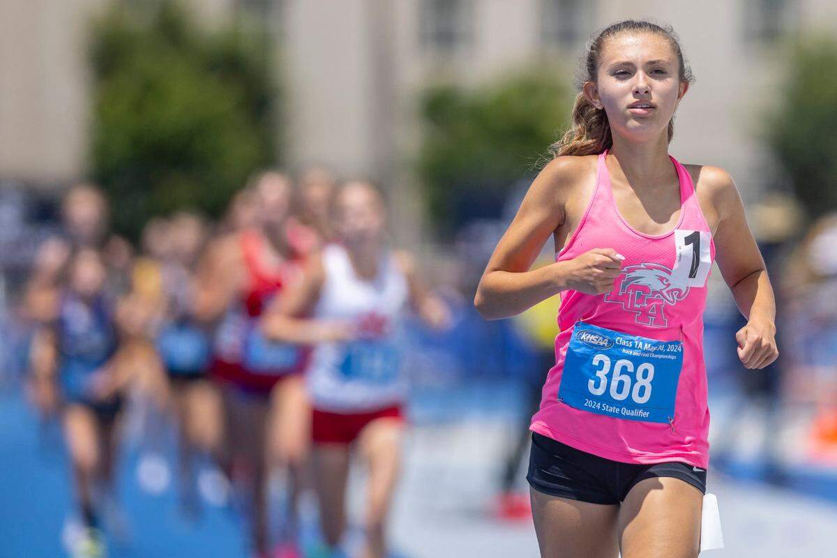 Lexington Christian’s Kennedy Moughamian wins the girls 3,200-meter run at the Class A outdoor state track and field meet Thursday.