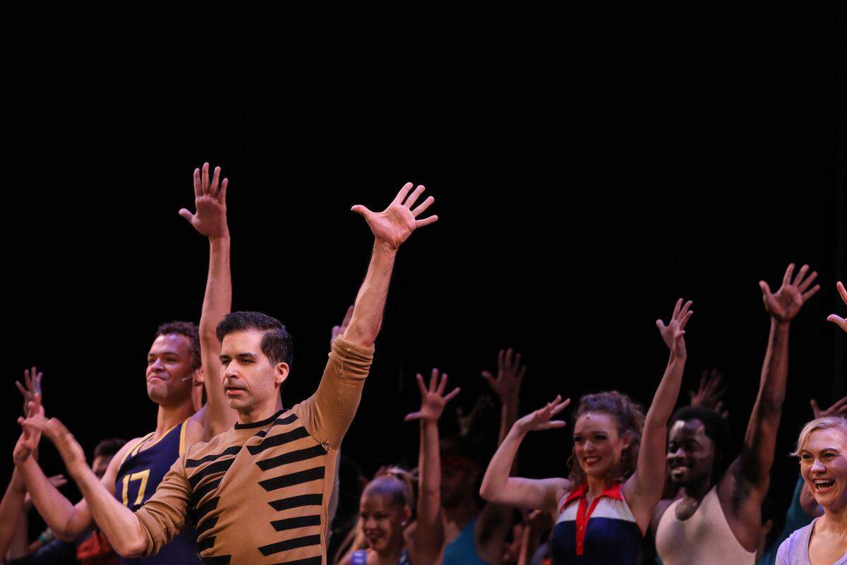Denis Lambert as Zack leads the opening number in The Lexington Theatre Company’s production of “A Chorus Line.”