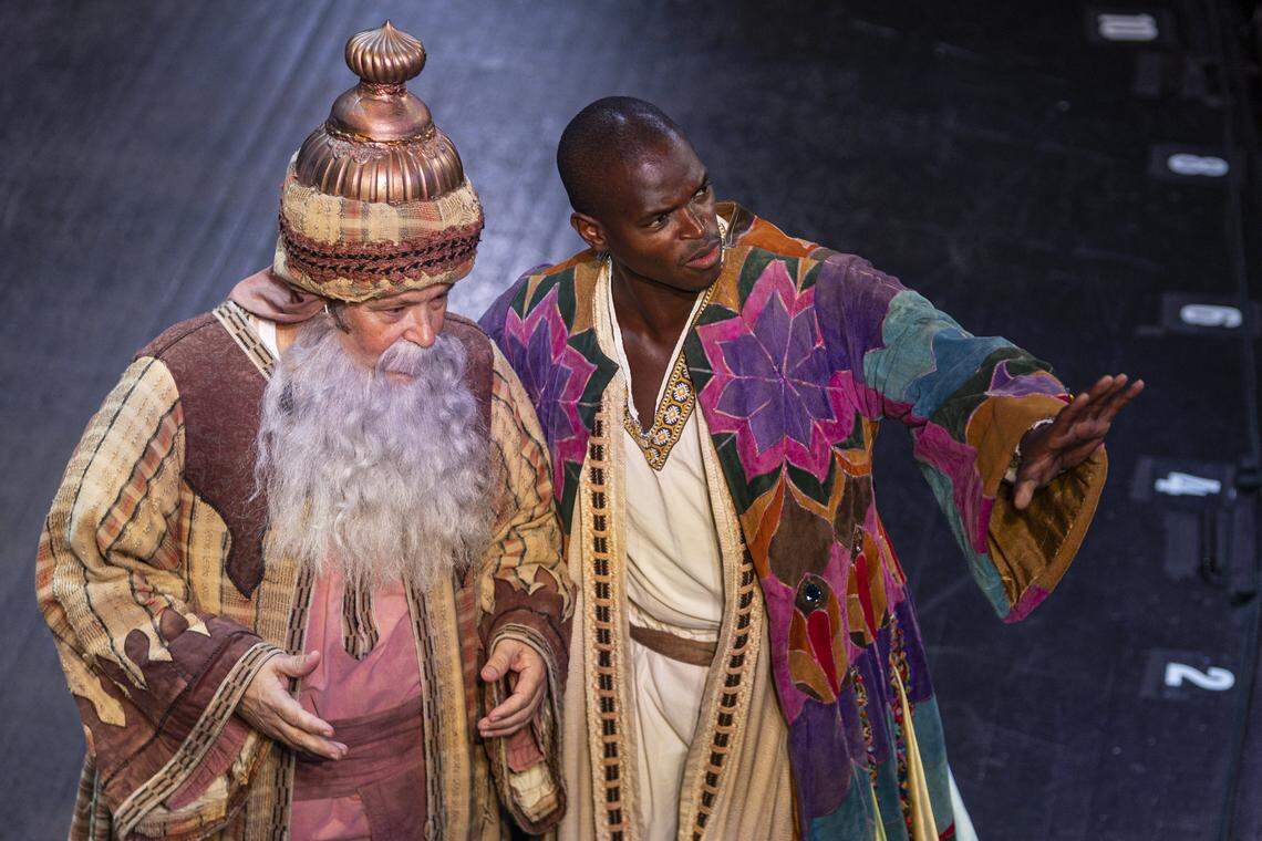 Darien Sanders, right, shows Tim X Davis steps the director has given during a rehearsal of Joseph and The Amazing Technicolor Dreamcoat Monday, July 28, 2025, at the Lexington Opera House in Lexington, Ky.