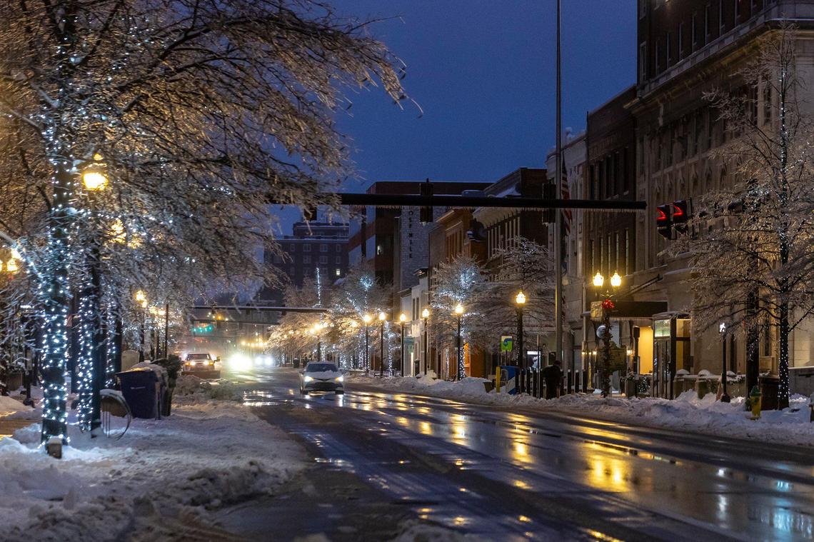 Vehicles drive along Main Street in Lexington, Ky., on Monday, Jan. 6, 2025.