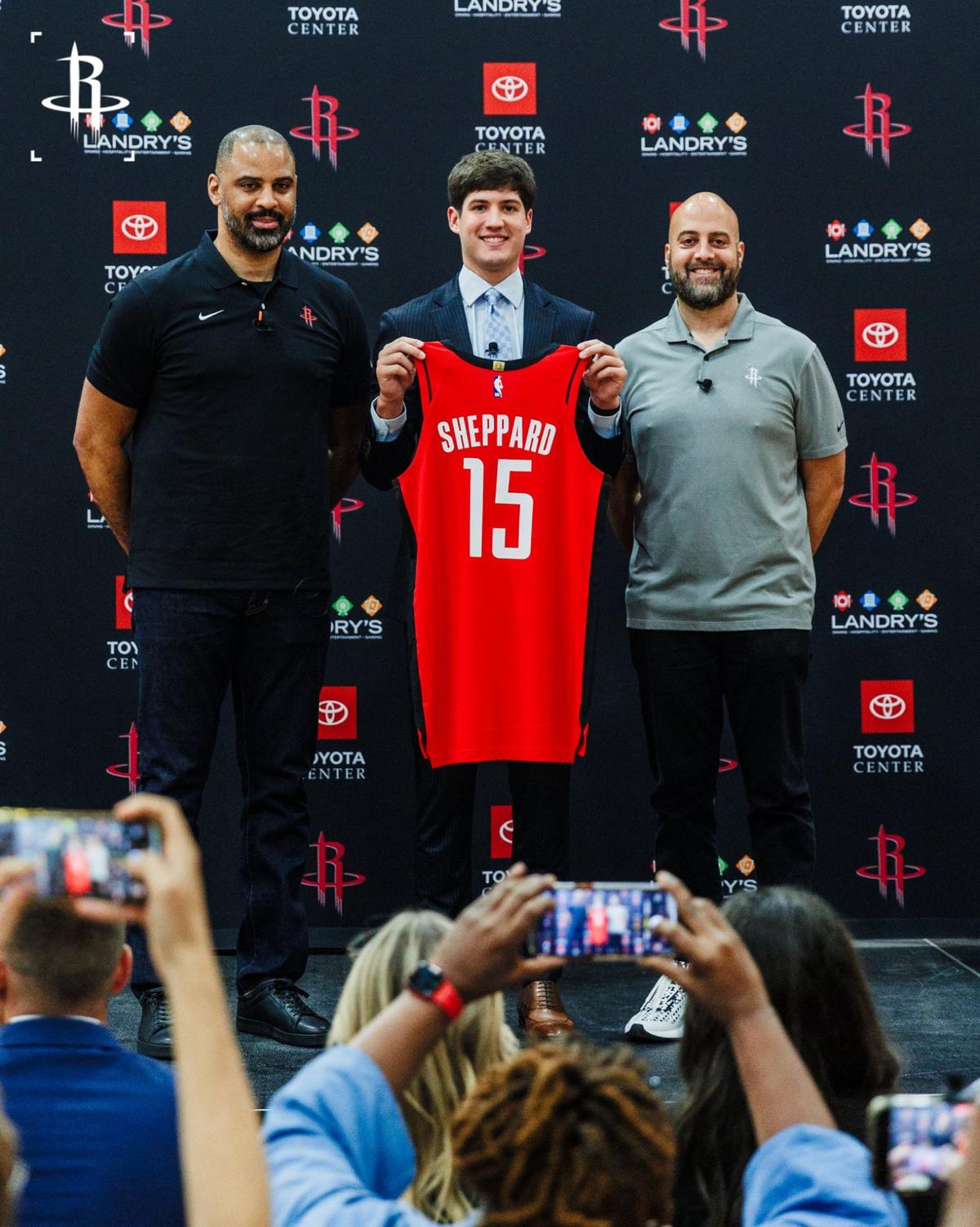 Former Kentucky star Reed Sheppard is introduced to the Houston media with Rockets head coach Ime Udoka, left, and general manager Rafael Stone on Tuesday. Udoka sees a way Sheppard can make the Rockets better immediately. “I do want him to make it tougher on others. I want him to make it tougher on myself and the coaching staff to make decisions” in terms of playing time.