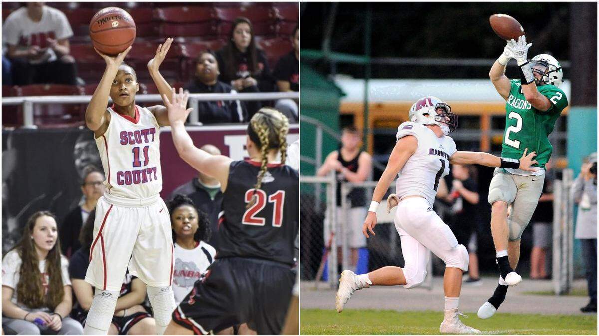 Scott County’s Maaliya Owens, far left, and Harlan’s Kilian Ledford, far right, were named as this year’s recipients of the Donna L.J. Murphy Award and Wah Wah Jones Award, respectively, by the Kentucky Lion’s Eye Foundation.