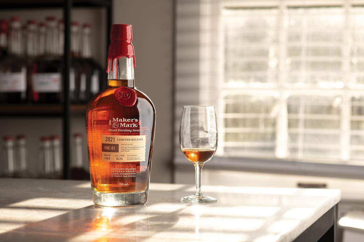 The latest version of Maker’s Mark’s Wood Finishing Series, FAE-01, is coming out in March. It uses staves that are heated on one side and raw wood on the other. A second version, FAE-02, is coming out in the fall.