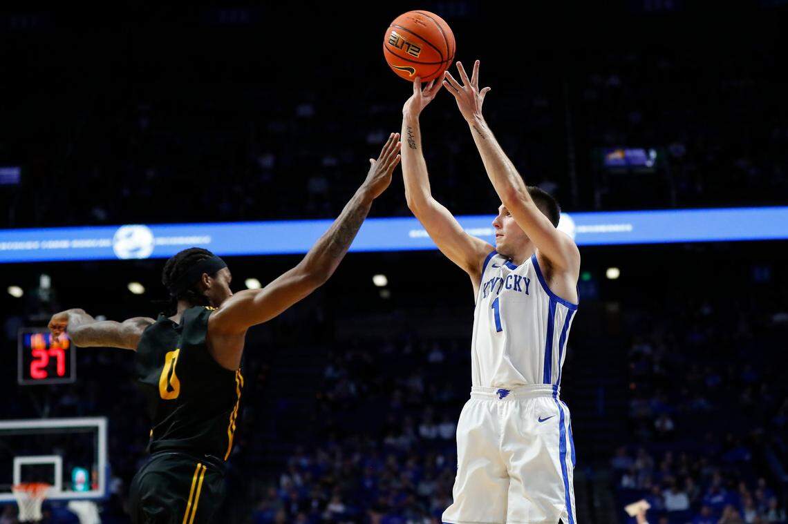 Former Covington Catholic star CJ Fredrick (1) had a team-high 15 points, three rebounds, an assist and a blocked shot in Kentucky’s 56-38 men’s basketball exhibition game victory over Missouri Western State.