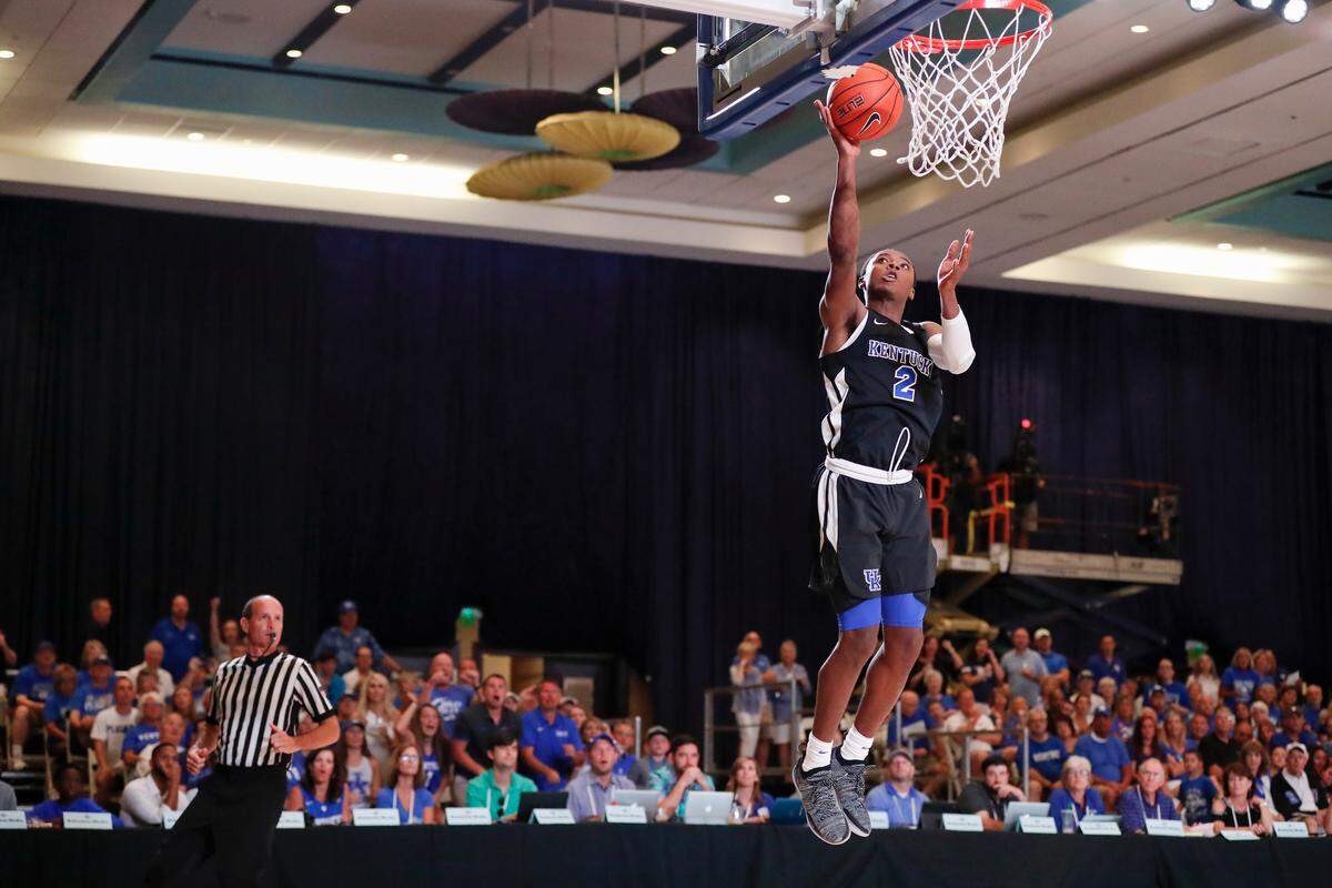 Kentucky freshman Ashton Hagans grabbed a rebound during the first half of Wednesday night’s exhibition game against the Bahamas Select Team at the Atlantis Resort on Paradise Island, Bahamas.