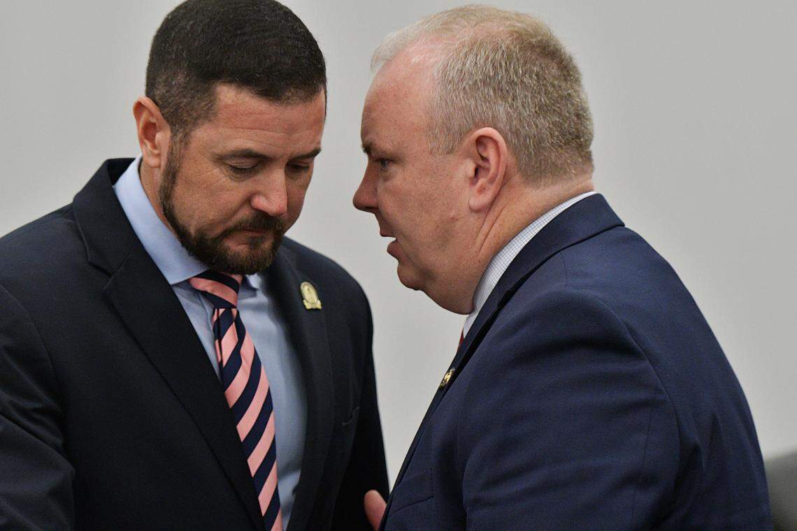House Speaker Pro Tempore David Meade, R-Stanford, confers with House Majority Whip Jason Nemes, R-Middletown, before the start of the 2026 Kentucky General Assembly on Tuesday, Jan. 6, 2026.