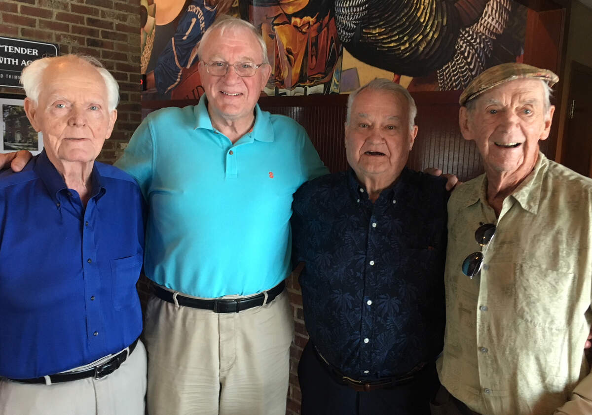 Four former Lexington high school basketball coaches reminisced about the good old days competing against one another when they reunited in June 2018. From left to right were: Bobby Barlow (Bryan Station), Nolan Barger (Tates Creek), Al Prewitt (Henry Clay) and Jock Sutherland (Lafayette).