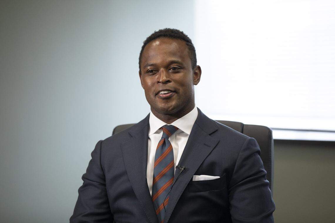 Daniel Cameron, the Republican candidate for attorney general, speaks to members of the Herald-Leader editorial board at the newspaper’s office in Lexington, Ky., Thursday, Oct. 10, 2019.