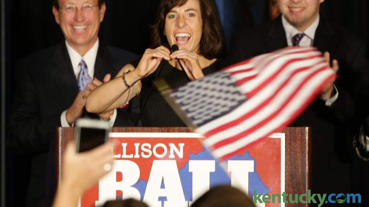 Allison Ball all smiles as she celebrated winning State Treasurer of Kentucky at the Galt House in  Louisville ,Ky. on Tuesday November 3, 2015. Photo by Mark Cornelison | Staff