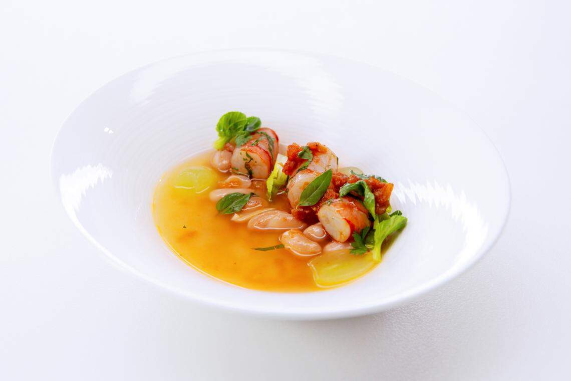 Sara’s first course: Chili prawn with boiled peanuts, reminiscent of her family trips to the beach in South Carolina, where they’d get boiled peanuts and make a low-country shrimp boil.