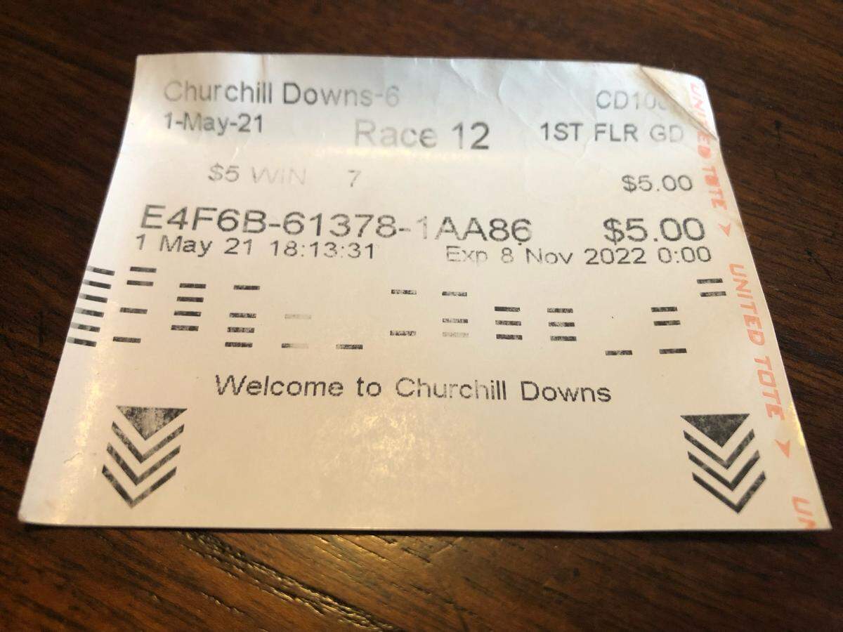 A $5 win ticket on Mandaloun from the 2021 Kentucky Derby. It’s worth nothing, since the race was ruled official with Medina Spirit as the winner.