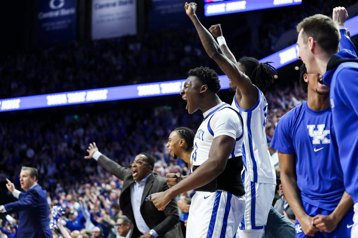 Adou Thiero celebrated on the bench after Kentucky scored against the Florida Gators on Wednesday night. He missed more than five weeks with a back issue.