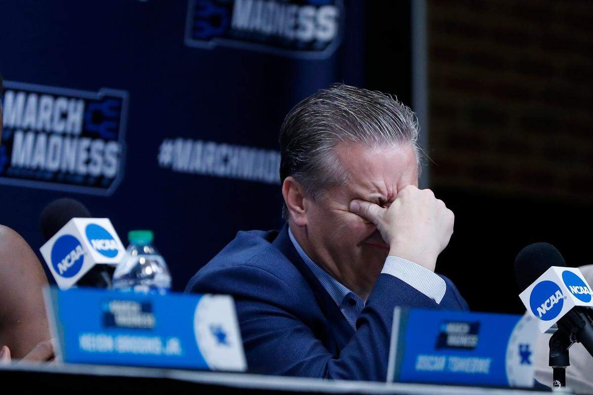 Kentucky head coach John Calipari met with the media after his No. 2-seed Wildcats were upset by No. 15-seed St. Peter’s in Indianapolis in 2022.