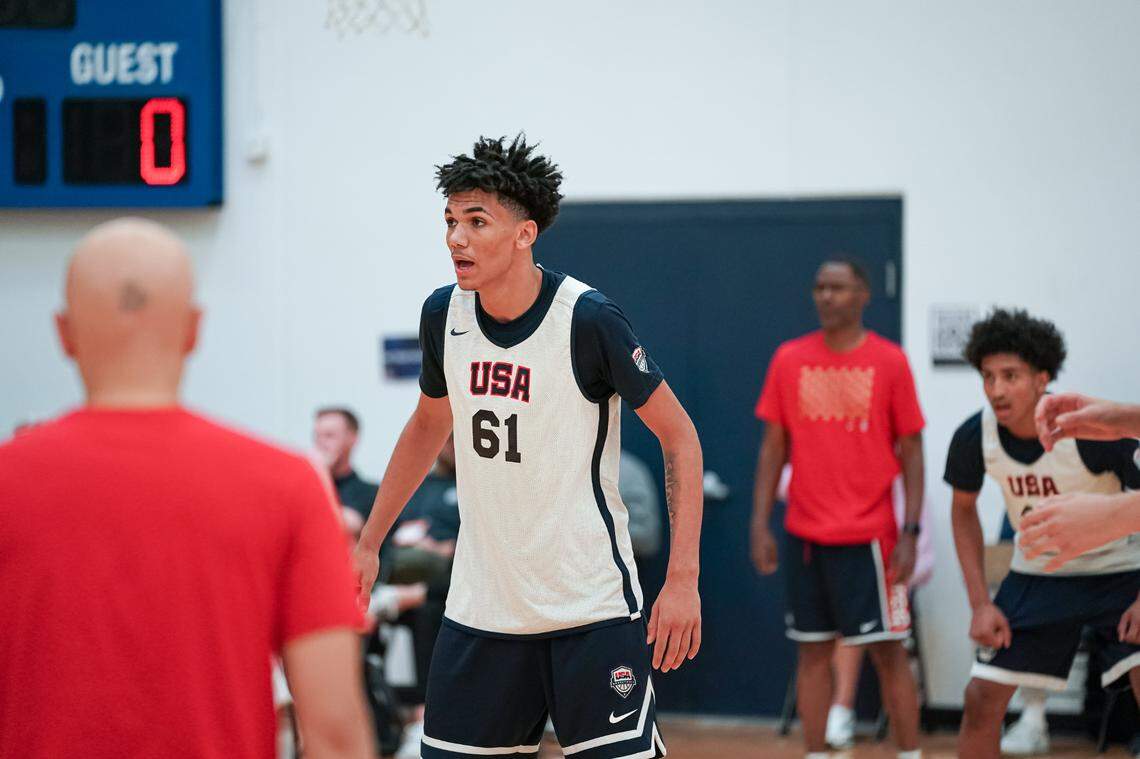 Class of 2027 college basketball recruit Griffin Starks (61) plays defense during a USA Basketball junior national team minicamp earlier this month in Colorado Springs, Colorado.