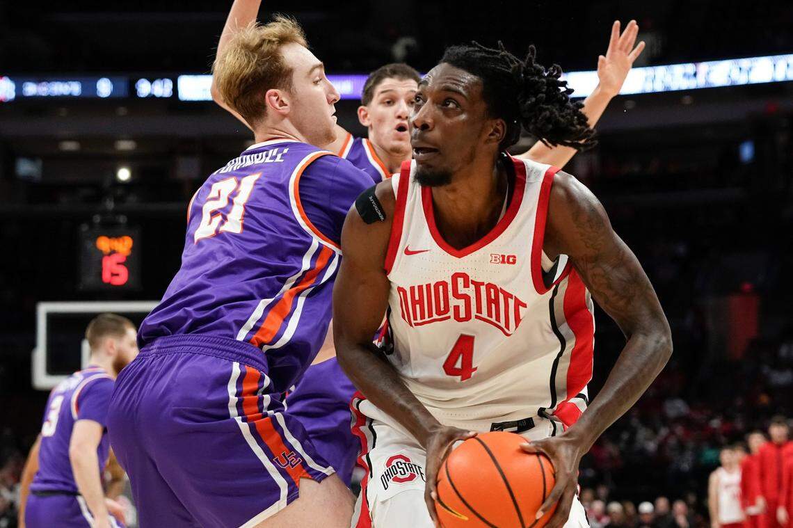 Aaron Bradshaw (4) is averaging 7.8 points, 4.5 rebounds and 1.5 blocked shots per game for Ohio State this season but has played in only four of the Buckeyes’ 11 games.