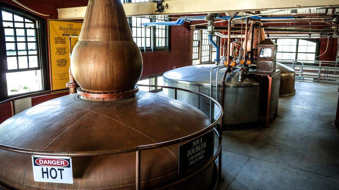 The entire production line at Four Roses Distillery is being duplicated, including the “doublers,” which increase the proof of the distillate. The second copper doubler in the back was added recently.