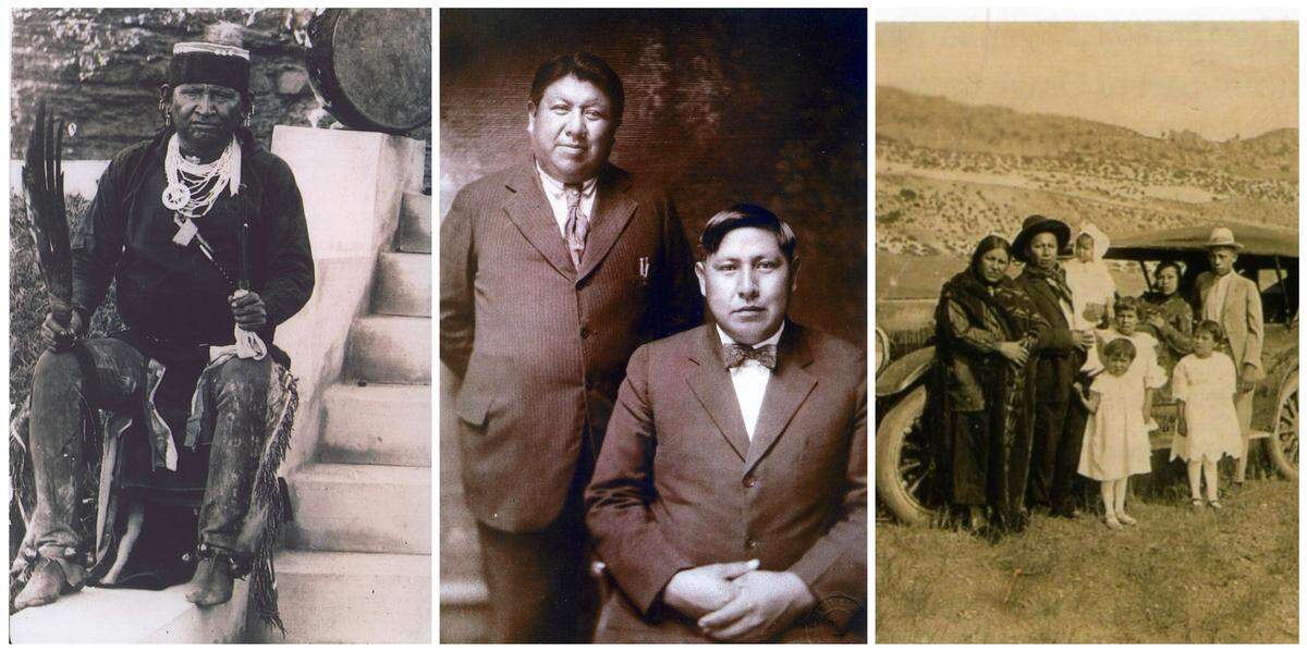 Red Corn grew up in Oklahoma and is the descendant of four original Osage allottees: her great-great-grandfather Wy-e-gha-in-kah, at left, great-grandfather Raymond Red Corn (pictured with Wakon Red Corn in the middle photo), and great-grandparents Jenny Garfield Gray and Clarence Gray (wearing black in the photo on the right).