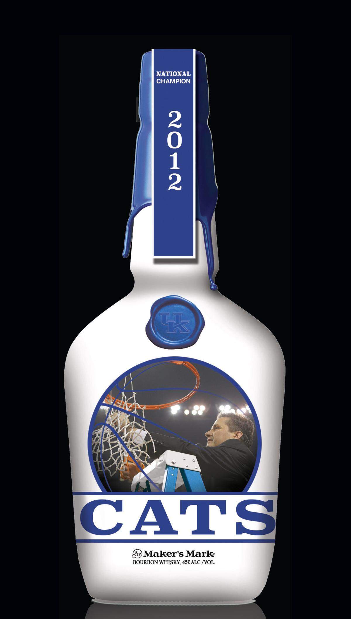 Like all the bottles in the commemorative series, the 2019 one is white with UK blue wax, a “banner” seal over the top with the year of the championship, and a thumbprint seal of blue wax with UK on it.