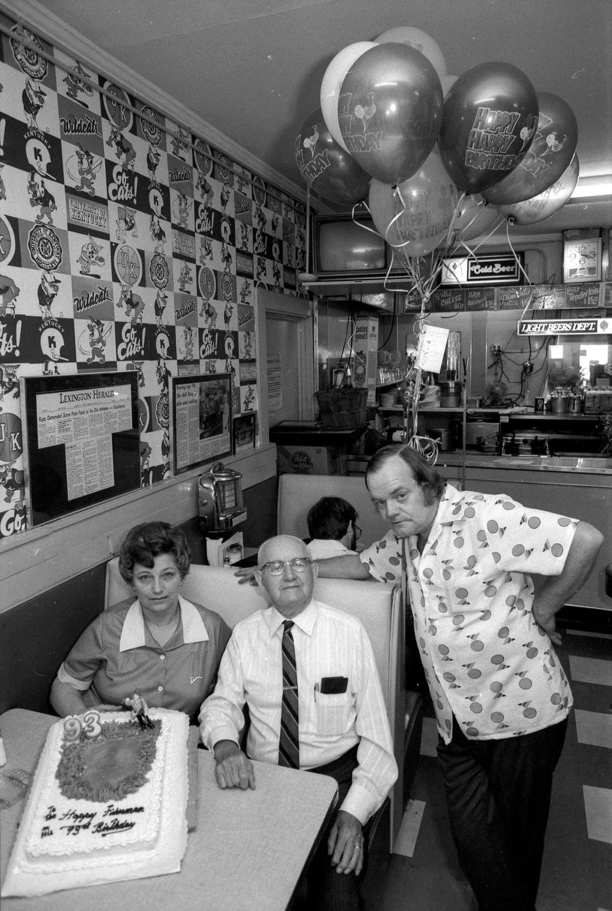 Edward Brooking, center, celebrated his 93rd birthday Sept. 1, 1982 at his Euclid Avenue diner, Brooking’s Restaurant with Charlene Taylor and Sonny Perry. A little more than two weeks later, the “chili king” of Lexington died.