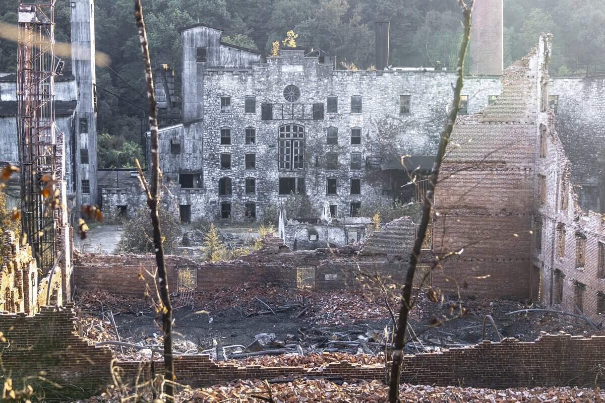 The historic Old Crow Distillery, now home to Glenn's Creek Distilling, along McCracken Pike in Woodford County, Ky., caught fire Wednesday, Sept. 30, 2026.