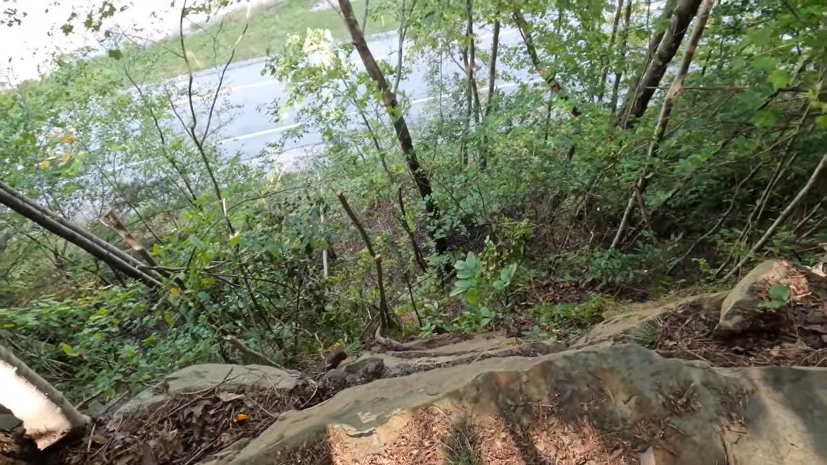 Looking down a cliff towards Exit 49 of Interstate 75 in Southern Kentucky from where Fred and Sheila McCoy say Joseph Couch fired on 12 vehicles Sept. 7, 2024. On the video taken from the couples YouTube page, Fred estimated the drop was probably 200-300 feet.