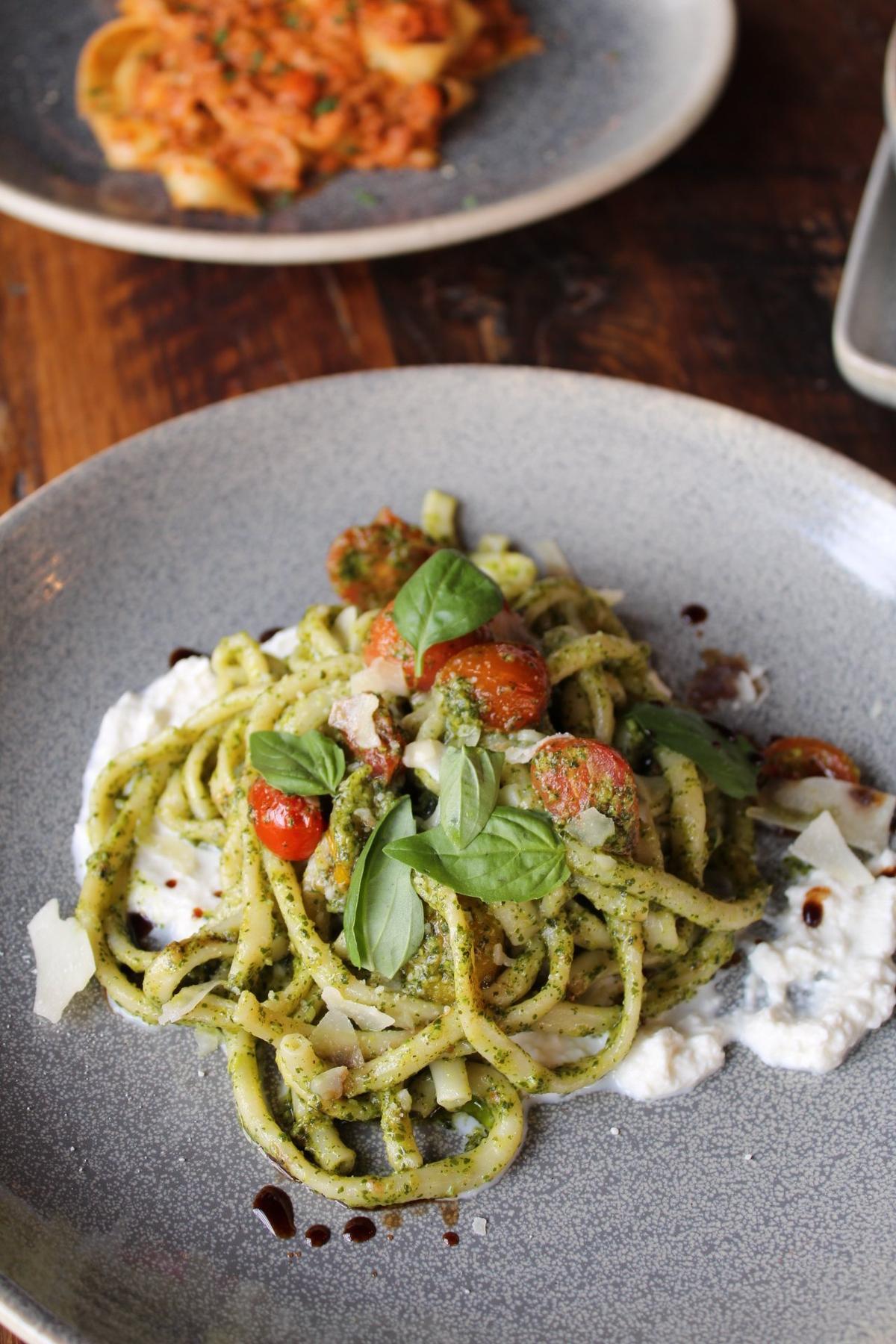The TBC pasta dish at Crust ($22) is made with bucatini pasta, stracciatella cheese, pesto, heirloom cherry tomatoes & Parmesan. All the pasta at Crust comes fresh from Lexington Pasta.