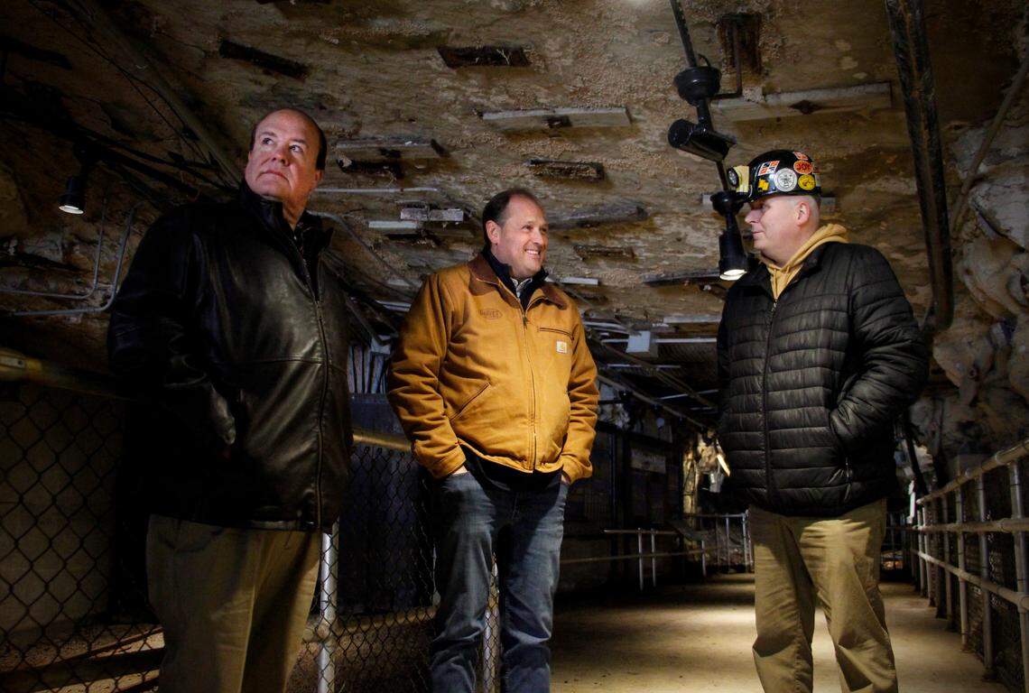 Rep. Andy Barr, center, tours a shaft mine in Lynch, Ky., Jan. 5, 2025, shortly before unveiling a coal-first energy platform in Kentucky’s U.S. Senate race.