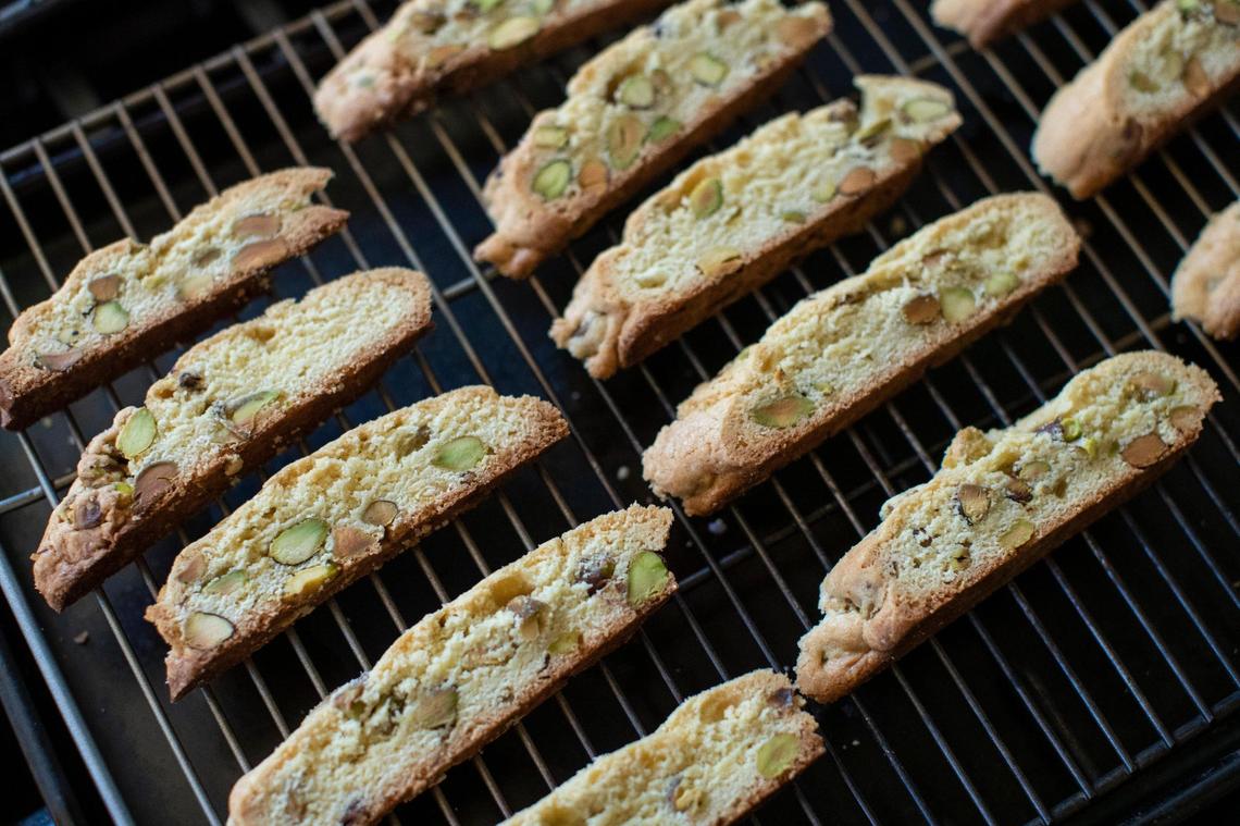 Pistachio and olive oil biscotti arranged for the second baking.