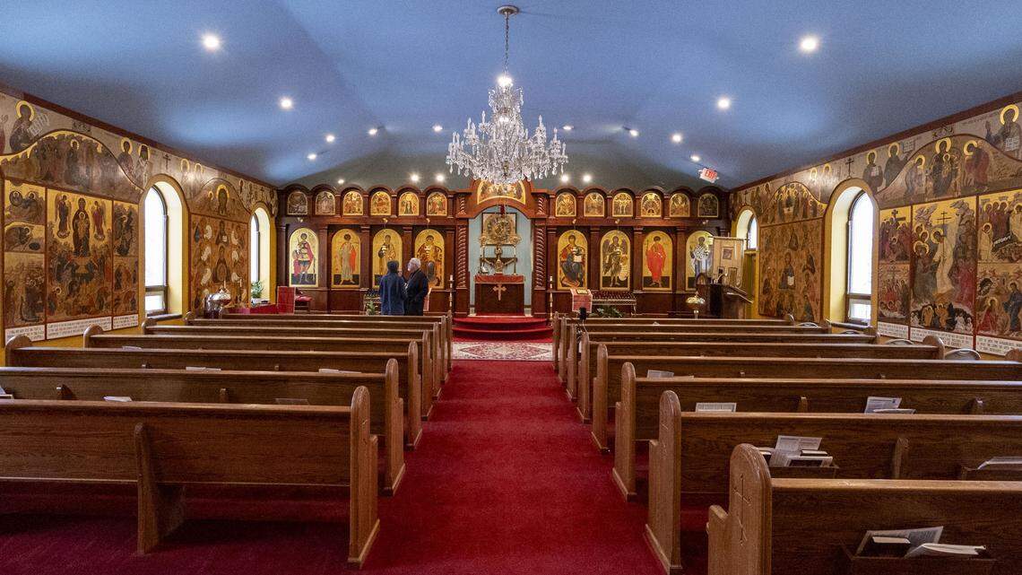 The walls inside St. Andrew Orthodox Church, photographed Dec. 1, 2025 in Lexington, Ky., are covered with floor-to-ceiling icons painted by Ksenia Pokrovsky, a renowned modern iconographer who learned her craft in secret in the Soviet Union before immigrating to the United States.