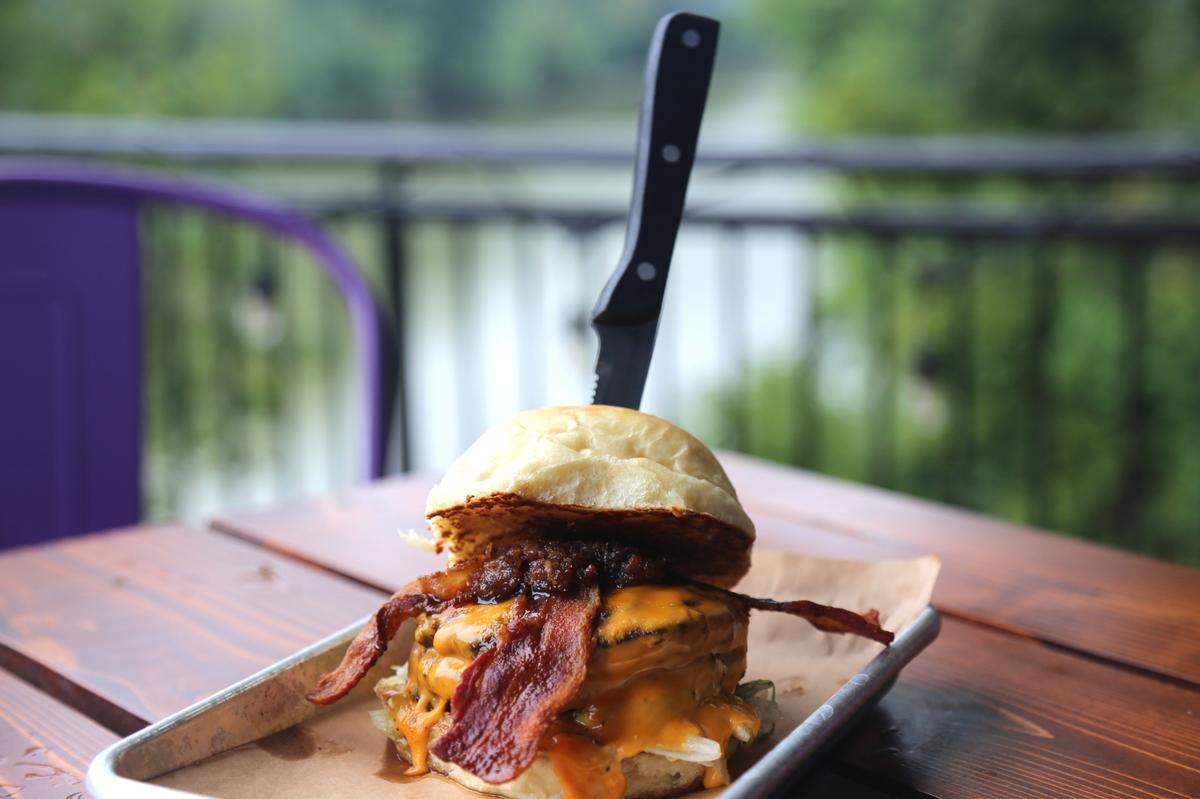 Goodwood Brewpub in Frankfort will offer The Drunken Pig, two Angus paties topped with house-made beer cheese, bourbon bacon jam, bacon, lettuce, and pickle. There’s also a vegetarian version. And you want it on the deck.