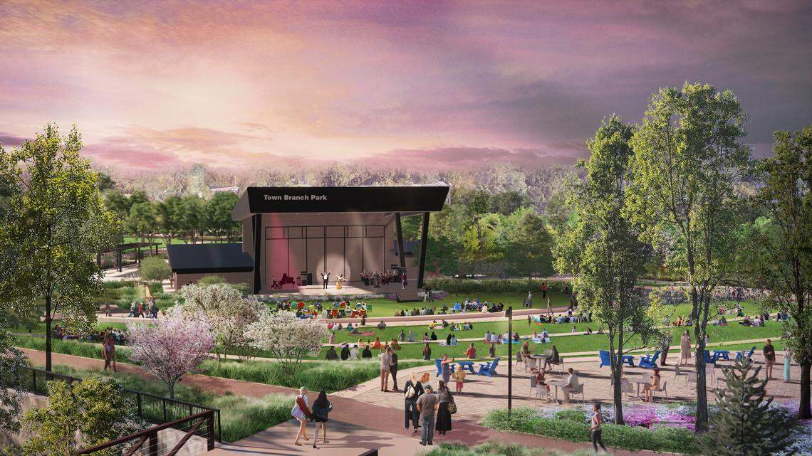 The 10-acre Town Branch Park will include a stage and a great lawn that can act as seating for performances. Town Branch Park and Sasaki, the design firm, released final designs for the park on Sept. 22, 2022. 