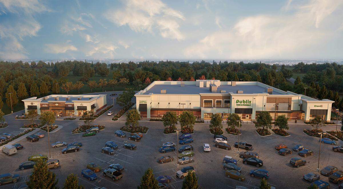 Publix announced Aug. 13, 2025, it had executed a lease on a new location in Georgetown, Ky. A rendering shows the Publix at Elkhorn Village Center will have a Publix Super Market next to a Publix Liquors.