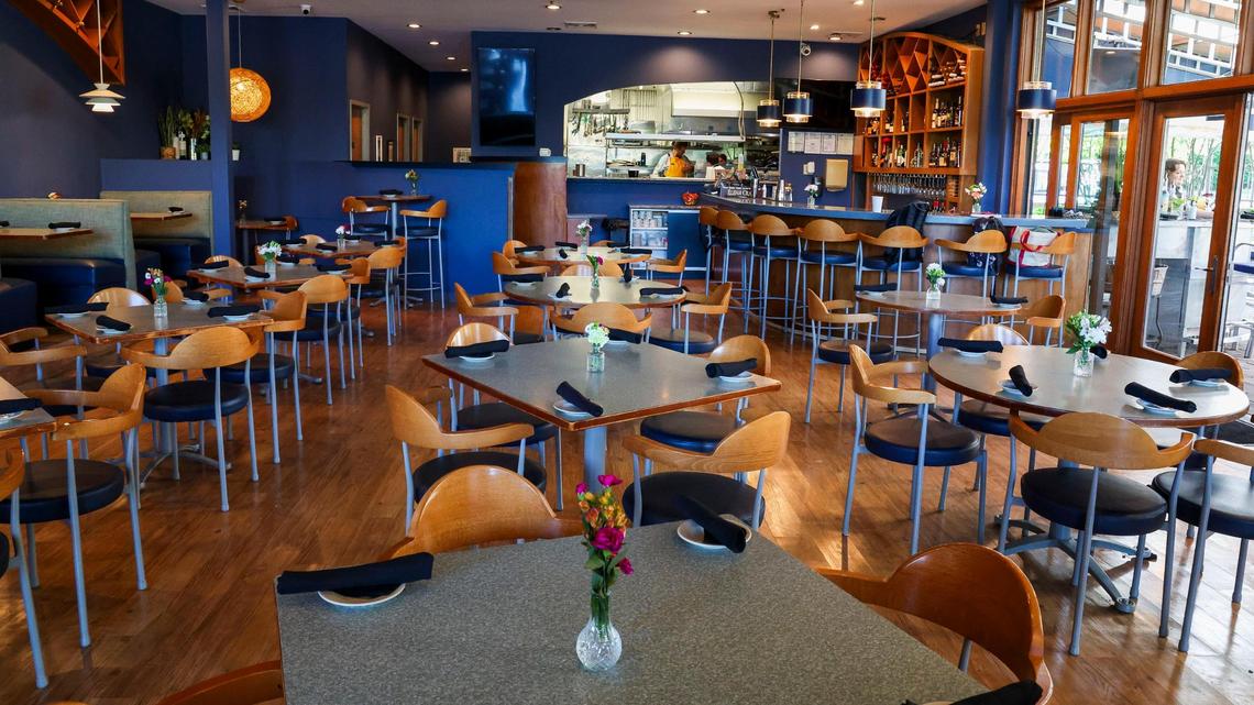 The dining room at Azur Restaurant and Patio, shown Monday, May 20, 2025 in Lexington, Ky., has the same familiar look after the popular dining spot closed at the end of 2024 because there were unable to negotiate a new lease. But they will reopen officially on May 23 after a five-month absence.