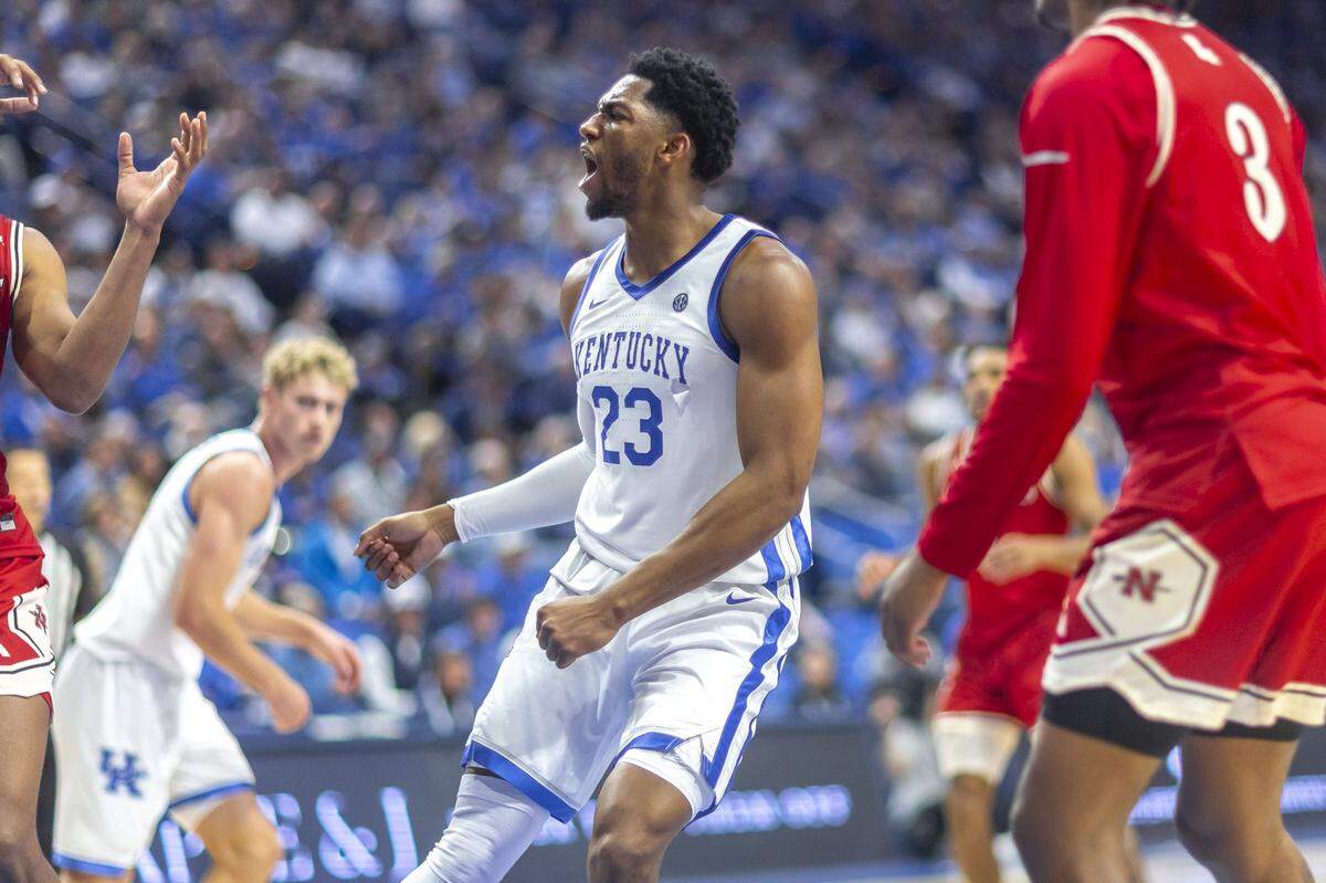 Kentucky basketball forward Mouhamed Dioubate (23) reacts during a game against Nicholls at Rupp Arena on Nov. 4.