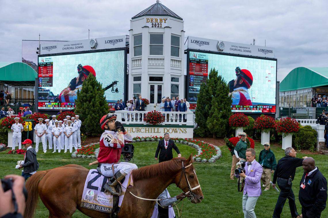 Sonny Leon celebrates in the winner’s circle after winning the 148th Kentucky Derby, Saturday, May 07, 2022 at Churchill Downs in Louisville.