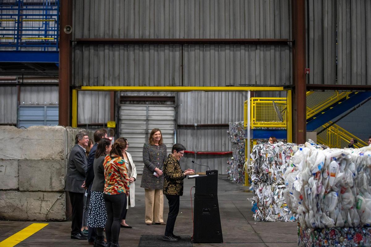 Lexington Mayor Linda Gorton speaks at a media conference at the Lexington Recycling Center in Lexington, Ky., on Thursday, April 7, 2022. Lexington began overhauling the recycling center in December to make it possible for the city to start processing paper again after suspending curbside paper recycling in May 2019.