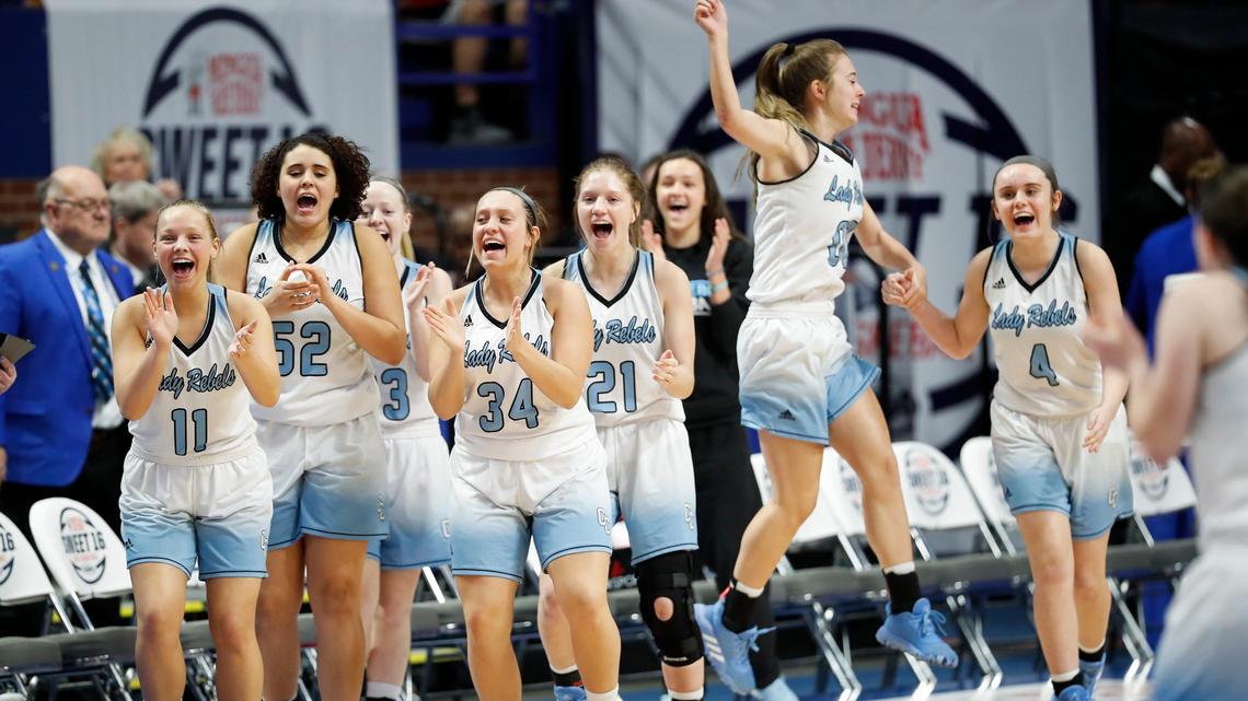 Casey County celebrates after defeating Pikeville during the Mingua Beef Jerky/KHSAA Girls’ Sweet Sixteen first round at Rupp Arena in Lexington, Ky., Wednesday, March 11, 2020. Casey County beat Pikeville 49-46.